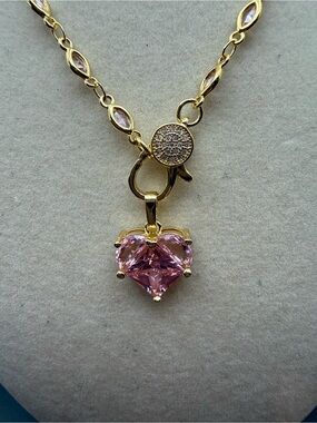 Adina Eden Gold and pink Necklace with Pink Heart crystal pendant